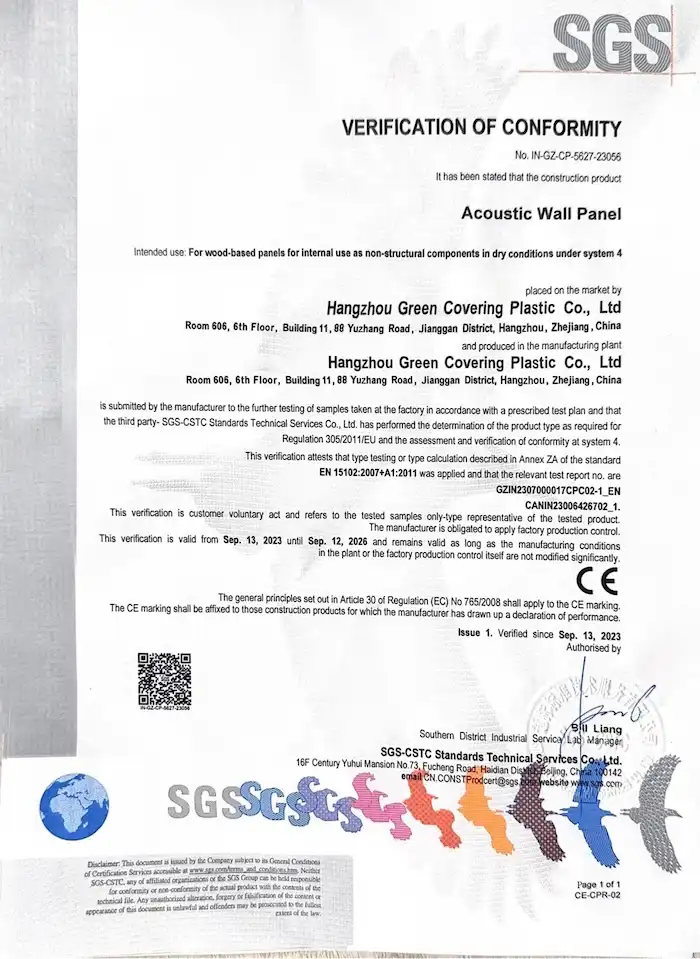 acoustic wall panel certificate