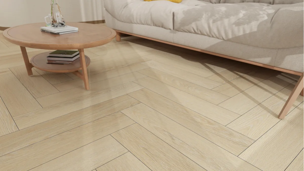 Herringbone SPC flooring installed in a modern interior