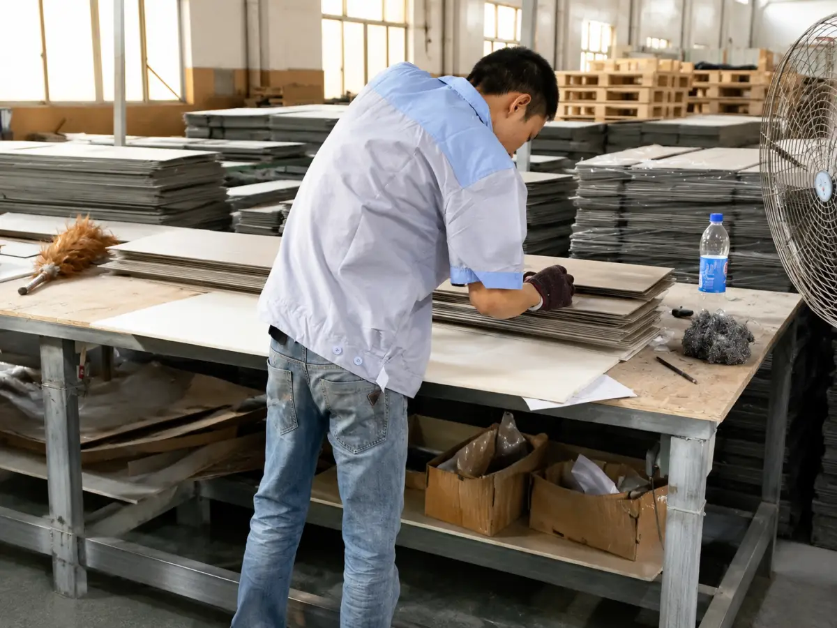 lvt-flooring-inspection-packing-palletizing LVT flooring piece inspection packing and palletizing