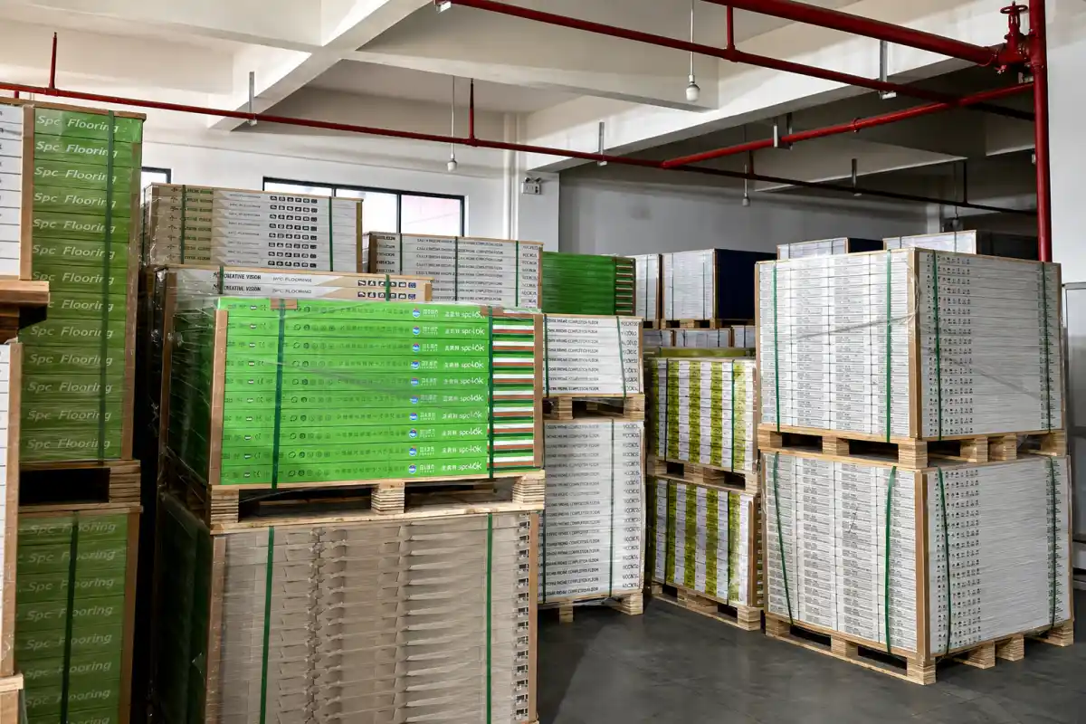 Packed SPC flooring pallets ready for shipment