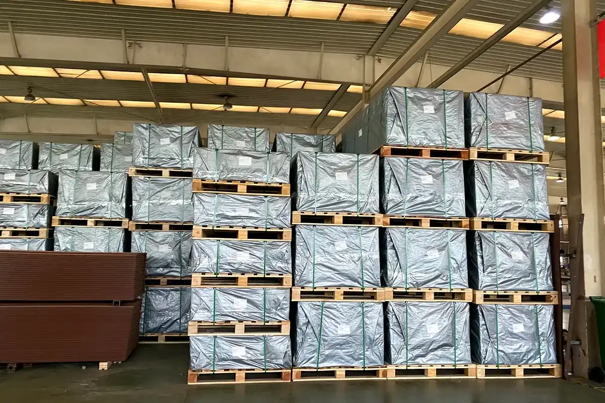 Packed flooring pallets prepared in factory warehouse