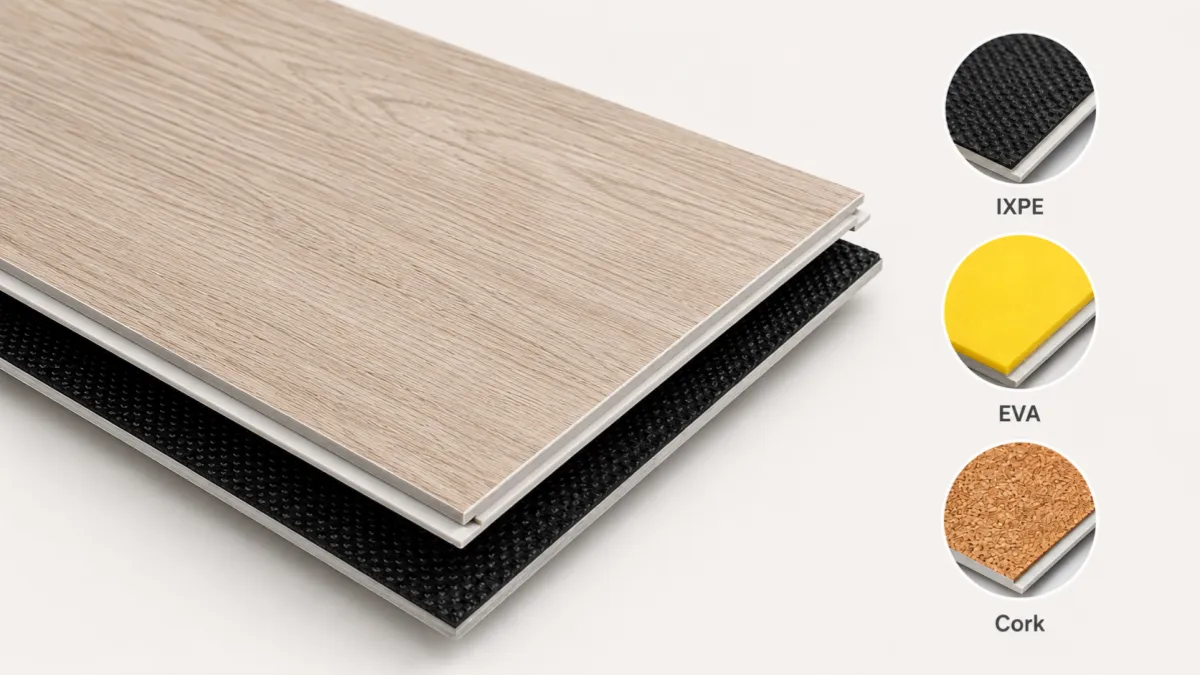 SPC flooring with attached pad options including IXPE, EVA and cork