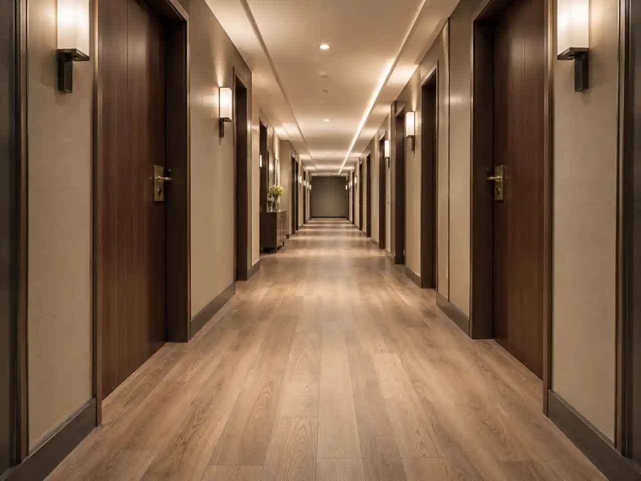 SPC flooring installed in a hotel corridor with wide-plank wood-look finish in a commercial setting