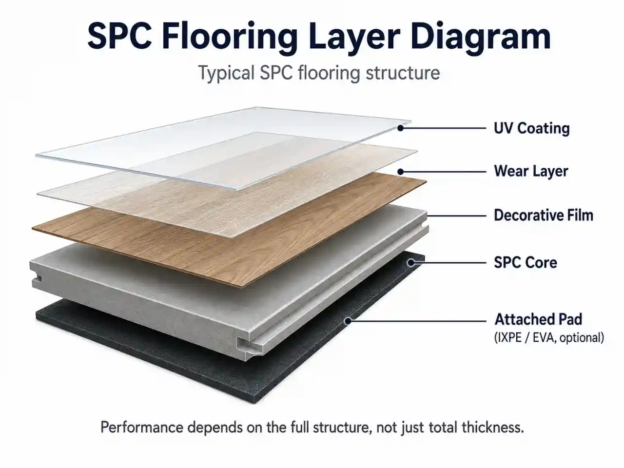 Diagram showing the layers of SPC flooring including wear layer, decorative film, rigid stone-plastic composite core, and attached IXPE underlay