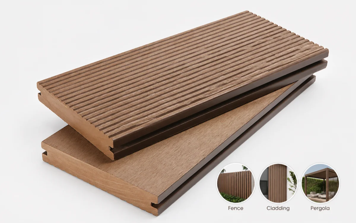 WPC decking boards with fence cladding and pergola application options