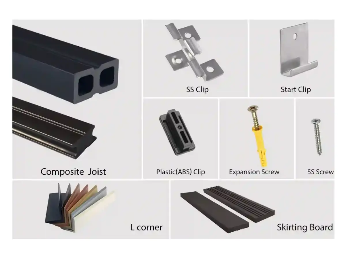 Composite decking boards joists clips and finishing accessories
