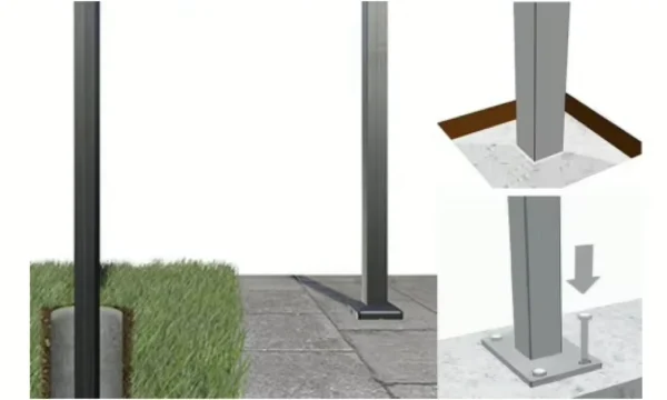 Composite fence post installation options for concrete surfaces and natural ground