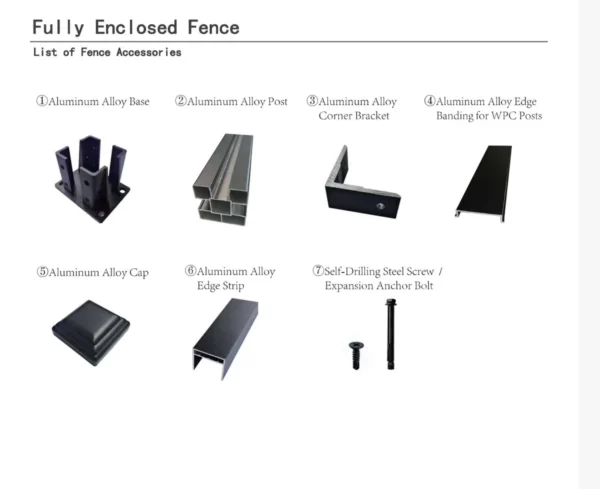 Composite fencing accessories including aluminum posts, base plates, brackets, caps and screws