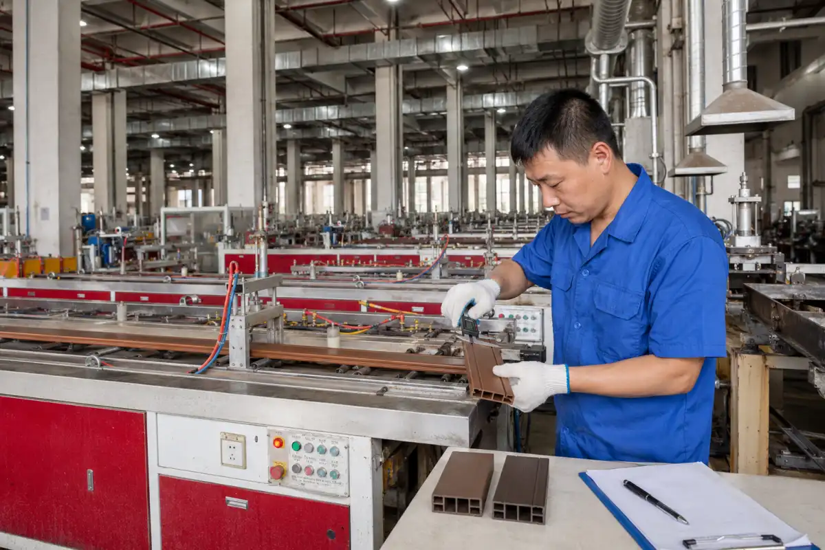 wpc-extrusion-quality-control Factory quality inspection of an extruded WPC profile
