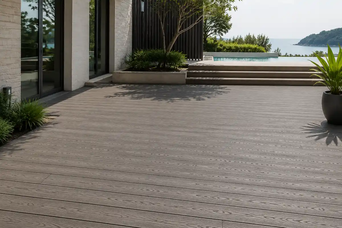 wpc-outdoor-products Composite decking installed on an outdoor terrace