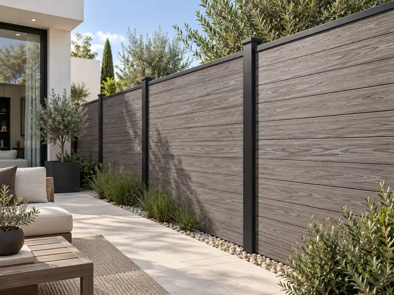 Co-extruded composite privacy fence installed around a modern property