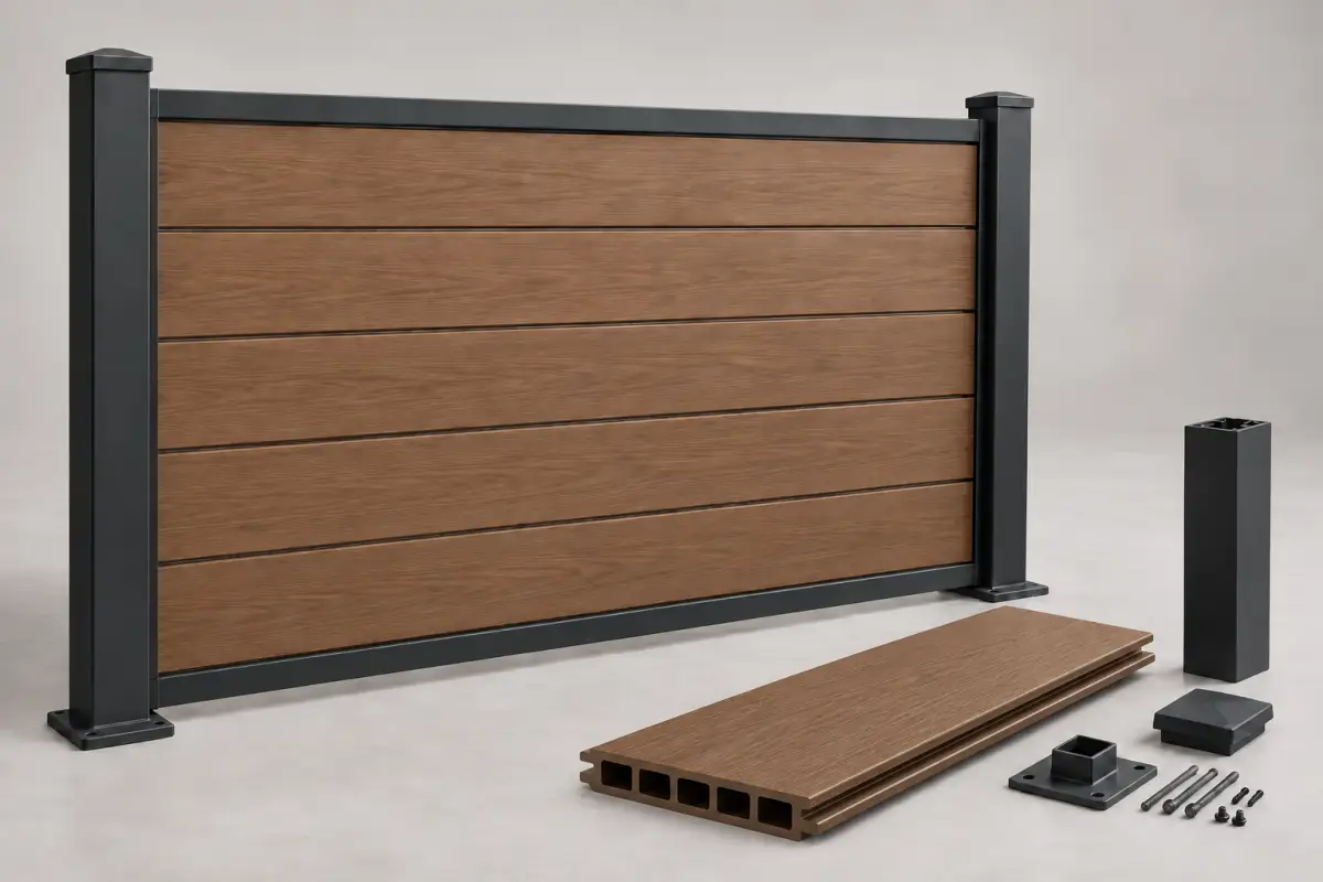 Composite fence system parts including WPC boards posts rails caps and connectors