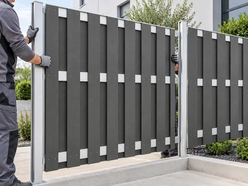 Modular WPC fence board connected to a compatible post and rail
