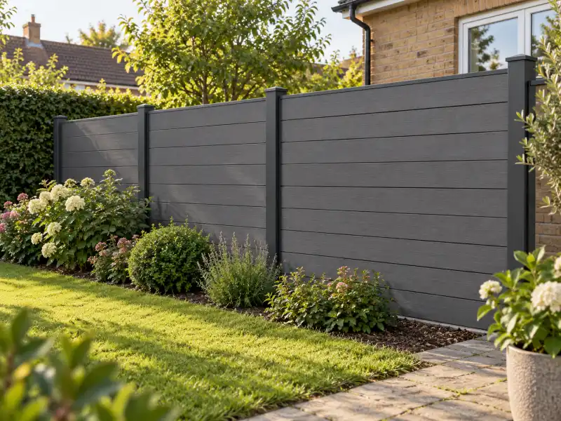Traditional WPC fence installed as a residential garden boundary