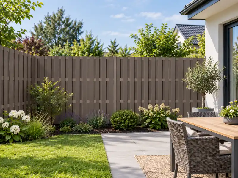 Composite privacy fence installed around a residential garden
