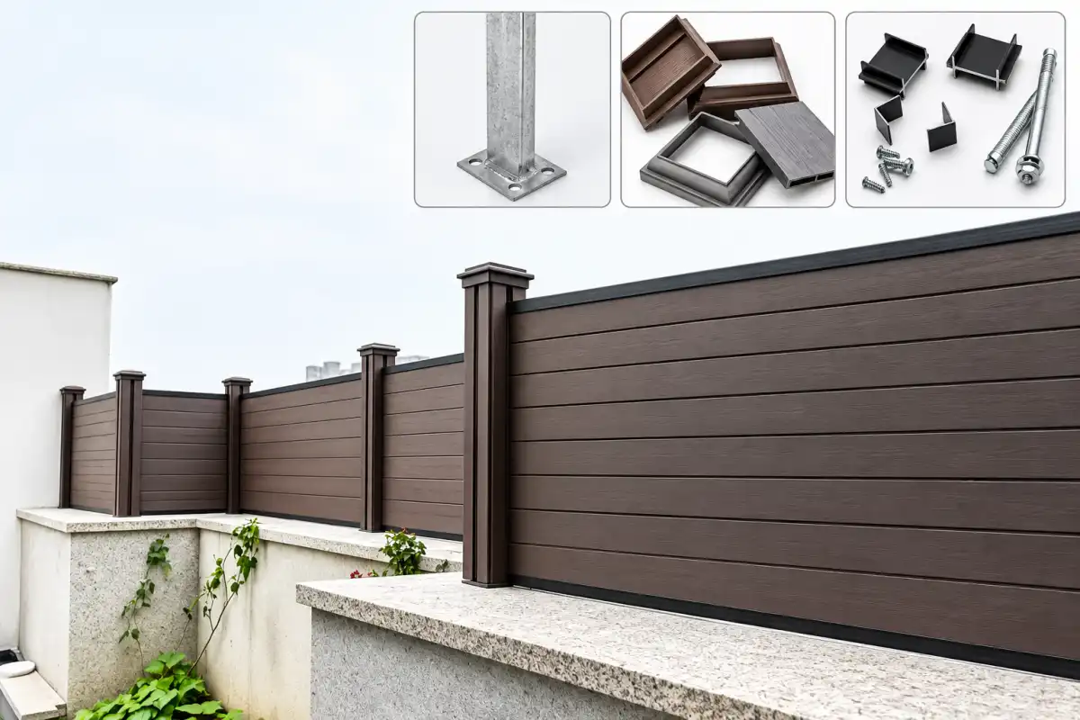 WPC fence boards installed with posts rails and compatible fixing components